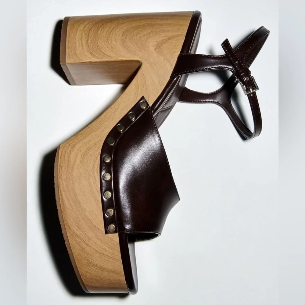 NWOT. Zara Brown Chunky Thick Heel Sandals. Size 9/EU 40.
